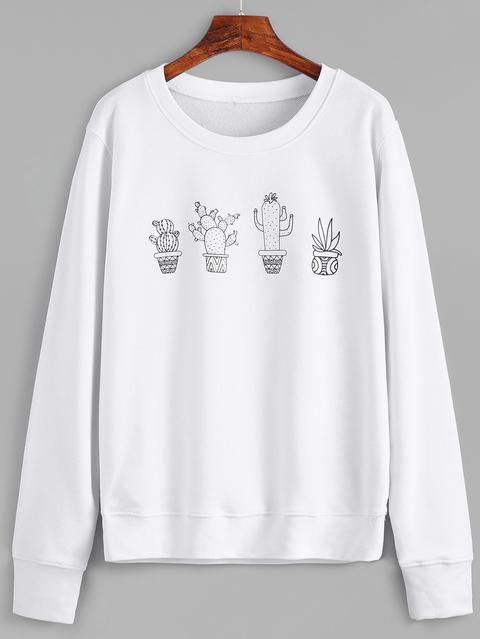 White Potted Plants Print Sweatshirt