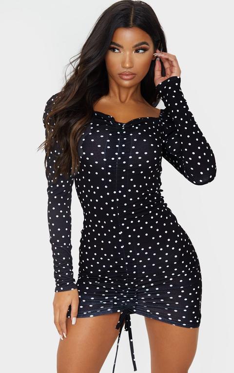 Black Polka Dot Ruched Front Long Sleeve Bodycon Dress