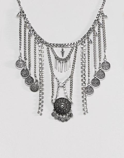 Asos Statement Crystal And Chain Burnished Disc Necklace - Rhodium