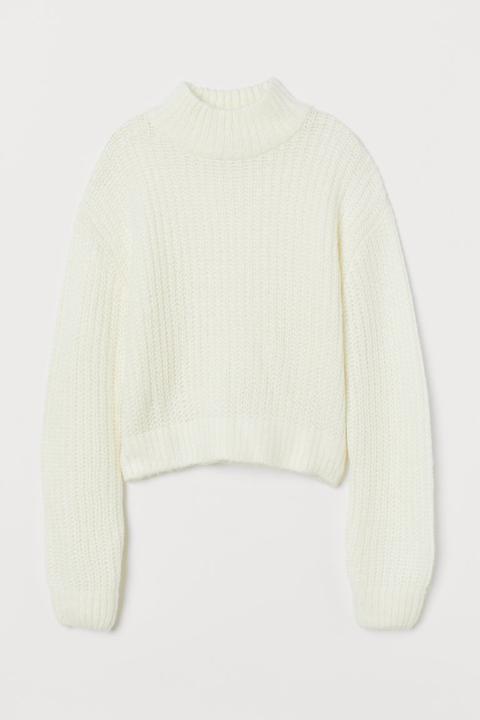 Knitted Stand-up Collar Jumper - White