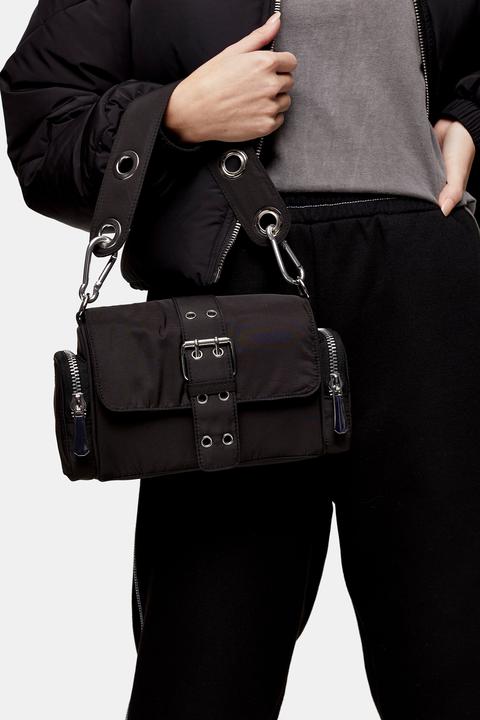 Womens Black Nylon Buckle Shoulder Bag - Black, Black