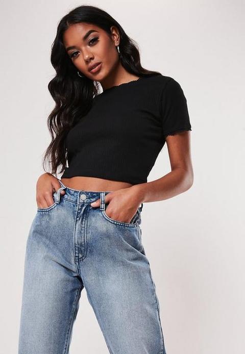 Black Lace Trim Ribbed Crop Top, Black