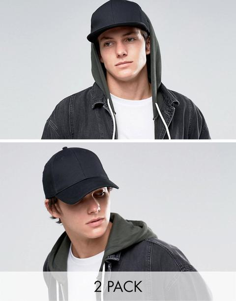 Asos - Confezione Da 2 Con Cappellino E Cappellino Snapback Neri - Risparmia - Nero