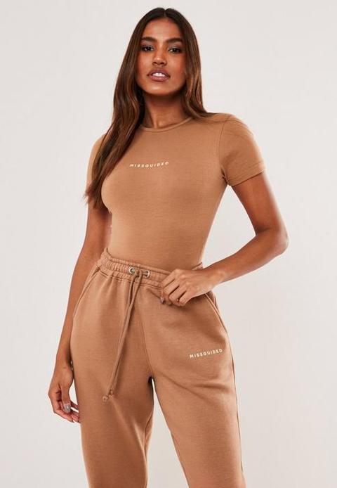 Tan Crew Neck Missguided Cap Sleeve Bodysuit, Camel