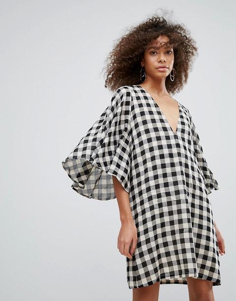 Traffic People - Vestito A Trapezio A Quadretti Con Maniche A Kimono - Nero