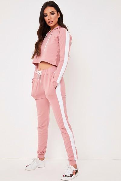 Jessica Pink Side Stripe Cropped Loungewear Set