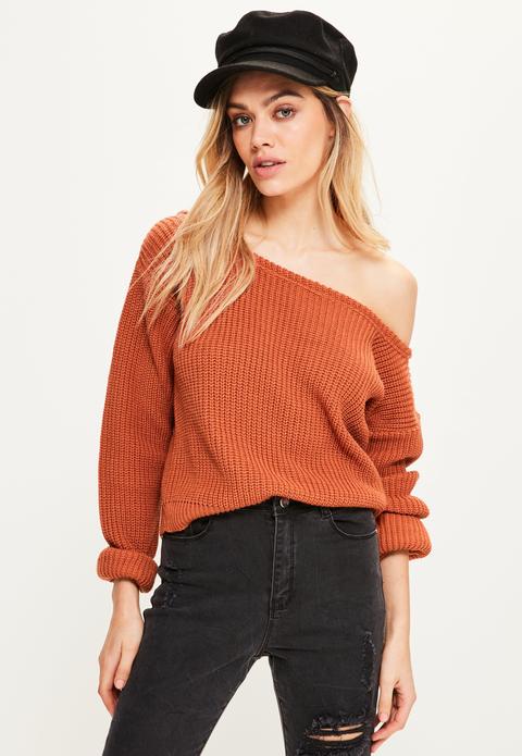 Orange Off Shoulder Cropped Jumper