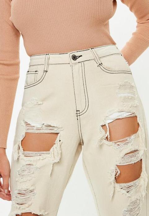 Cream High Rise Ripped Mom Rigid Jeans 