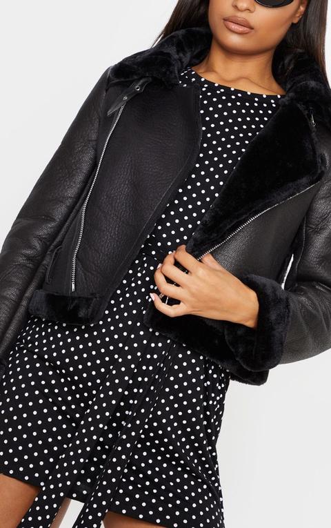black cropped pu aviator jacket