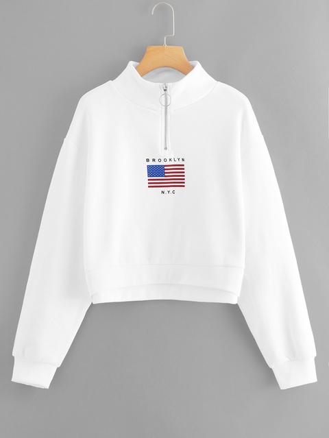 Sudadera Con Cuello Con Cremallera Y Estampado Con Bandera Y Texto