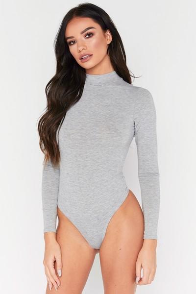 Natasha Grey High Neck Long Sleeve Bodysuit