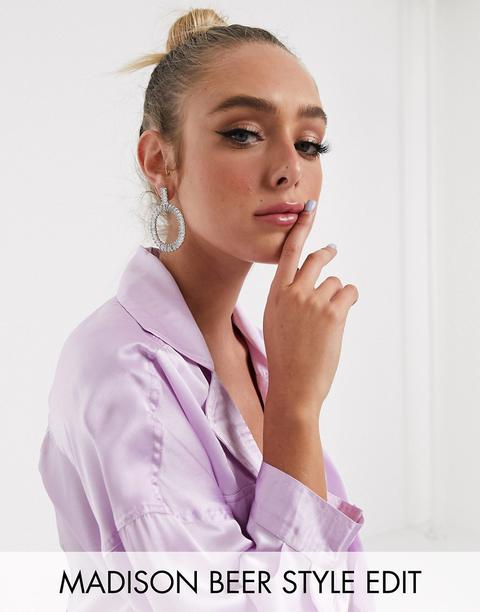 Asos Design - Boucles D'oreilles À Pendentif Cercle Évidé Avec Cristaux Taille Baguette - Argenté