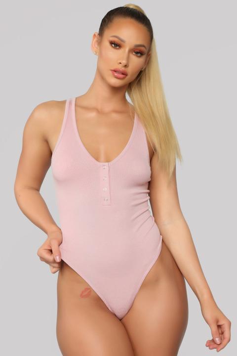 Button V Neck Bodysuit - Rose