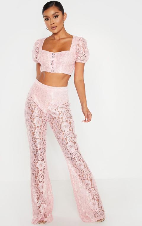 Baby Pink Lace Sheer Flare Leg Trousers, Pink