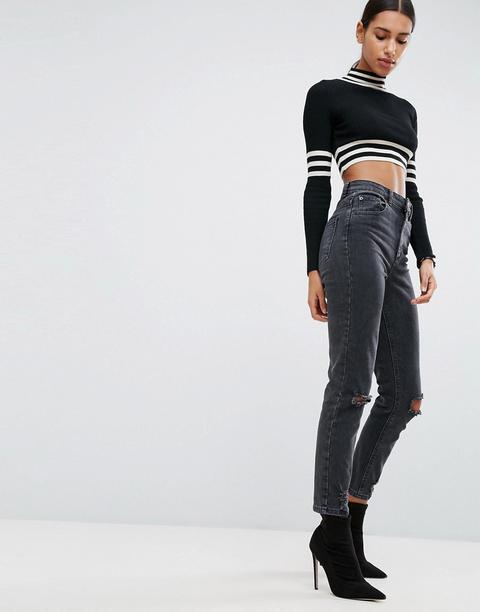 Asos Design - Farleigh - Mom Jeans A Vita Alta Nero Slavato Con Ginocchia Strappate - Nero