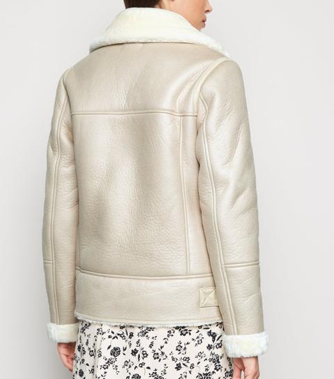 Cream Coated Leather-look Aviator Jacket New Look Vegan