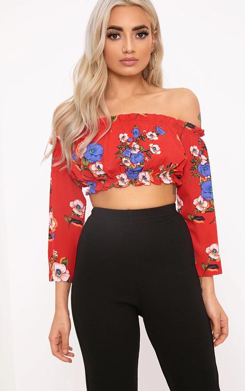 Red Floral Print Bardot Crop Top, Red