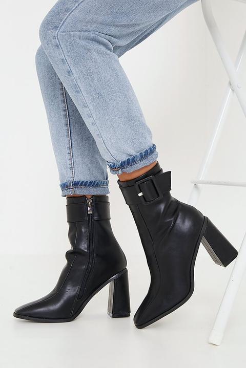 Black Buckle Detail Ankle Boot , Black