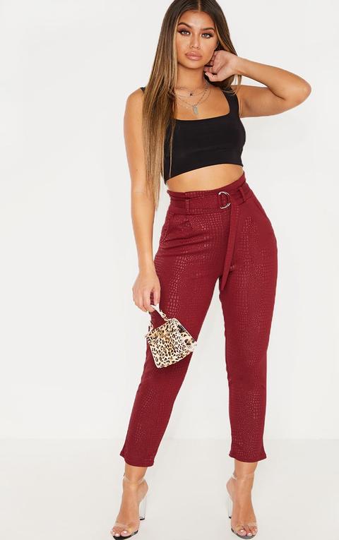 Burgundy Croc Print D Ring Belted 
