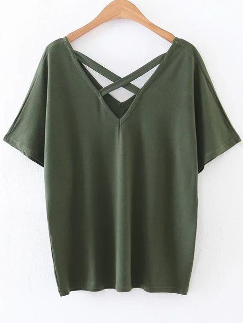 Camiseta Escote V Con Tiras Cruzadas - Verde Militar