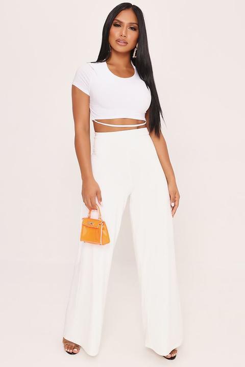 White High Waisted Slinky Wide Leg Trousers