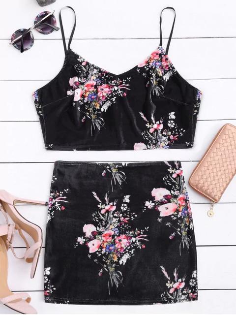 Velvet Floral Crop Top Y Bodycon Falda