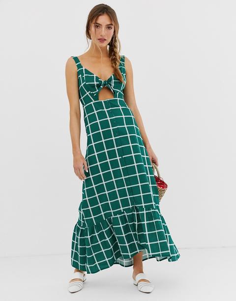 Asos Design Knot Front Button Through Maxi Dress With Cut Out In Check Print - Multi