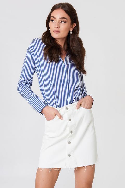 Button Up Raw Hem Denim Skirt White