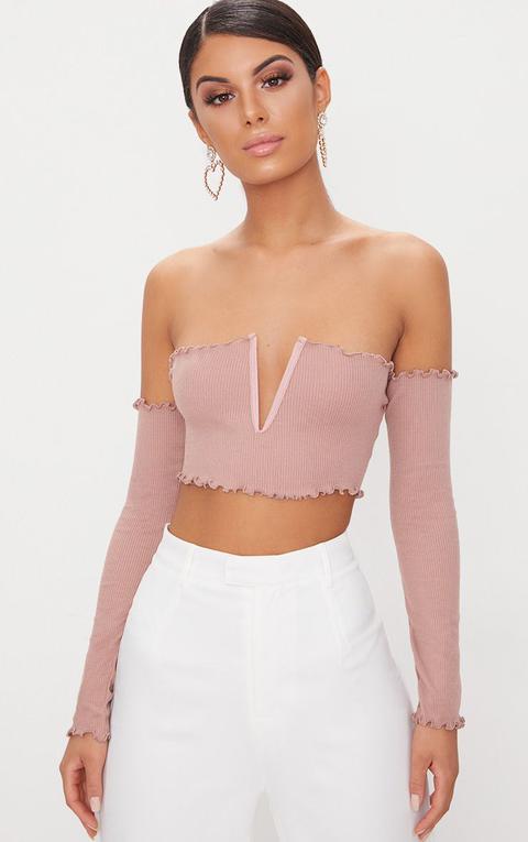 Rose Frill Edge V Bar Long Sleeve Crop Top