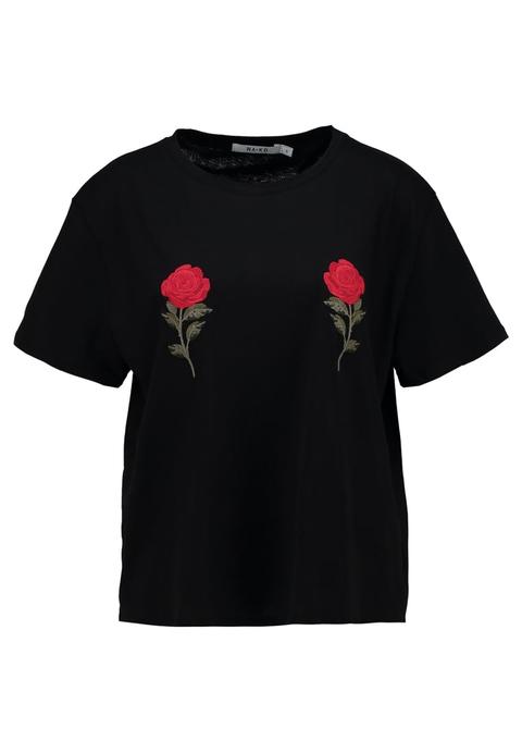 Nakd Flower Embroidery Tee Tshirt Con Stampa Black