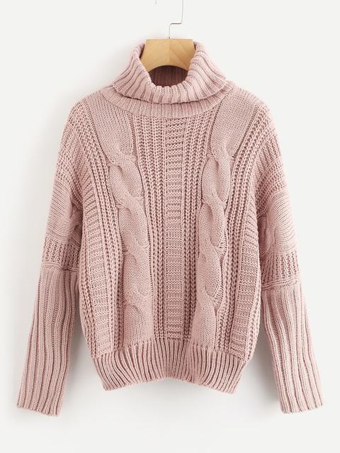 Drop Shoulder High Neck Mixed Knit Sweater