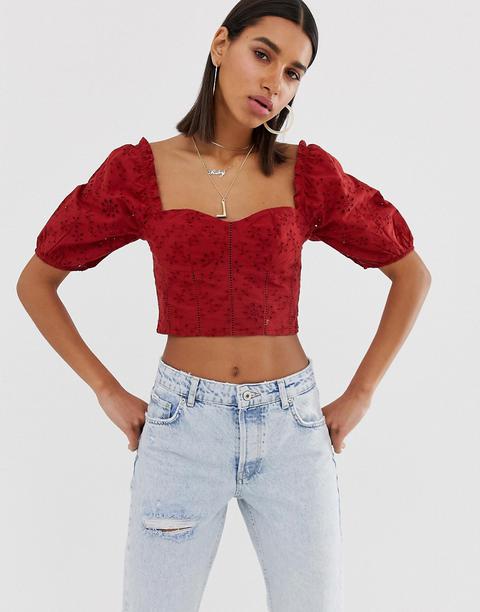 Bershka Broderie Crop Top In Red