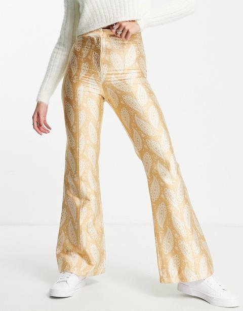 Topshop Paisley Jacquard Kickflare Trouser In Gold