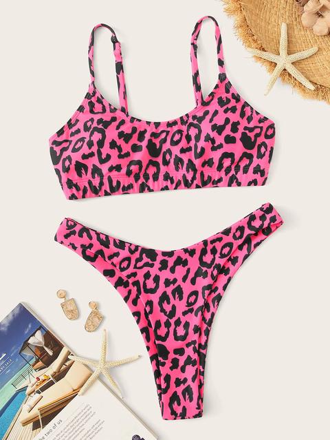 Bikini Con Tira Delgada De Leopardo De Pierna Alta