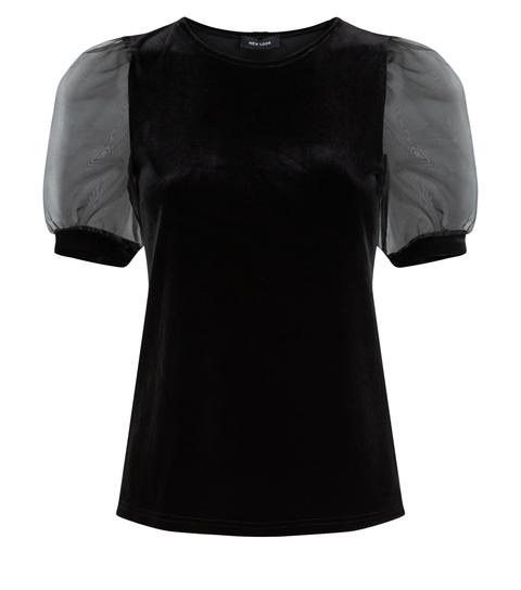 Black Velvet Puff Organza Sleeve Top New Look