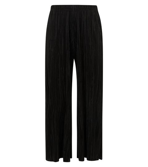 Black Plissé Crop Wide Leg Trousers New Look
