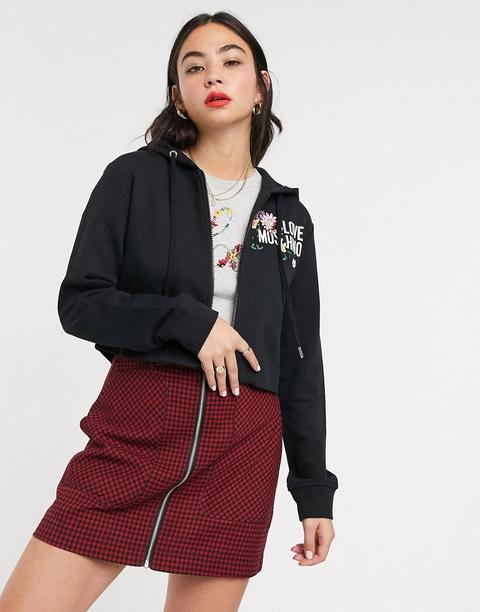 Sudadera Corta Con Capucha, Estampado Floral Y Cremallera Con Logo De Love Moschino-negro