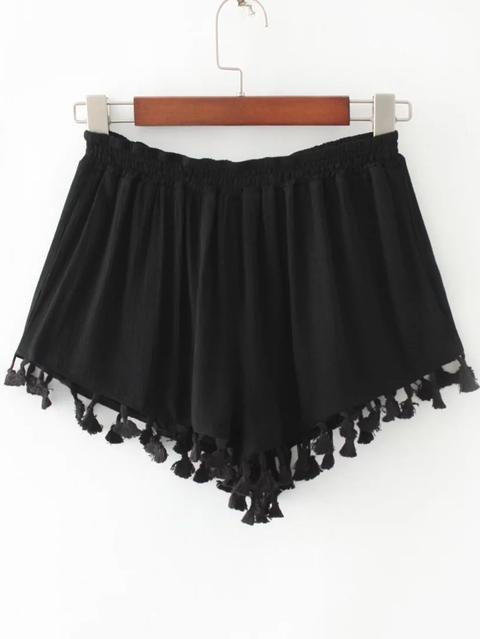 Pantalones Cortos Con Cintura Elástica Y Flecos - Negro