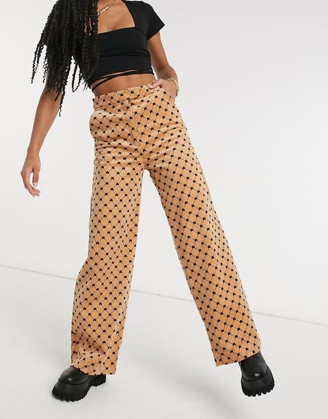 Monki Kajan Heart Chain Print Wide Leg Trouser In Beige-neutral