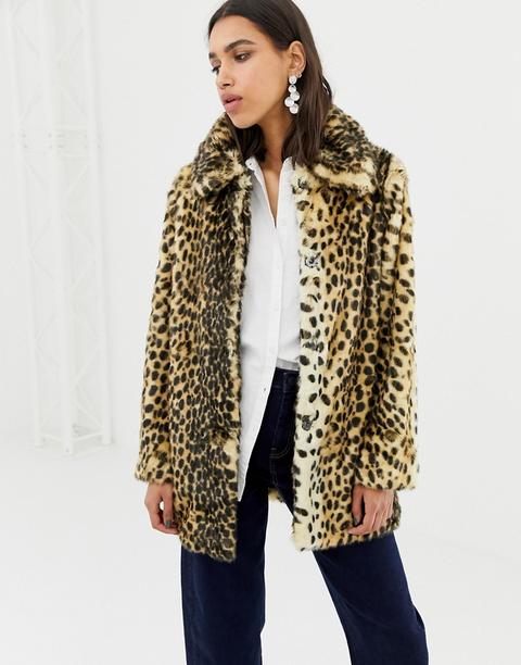 Warehouse Faux Fur Coat In Leopard Print - Leopard Print