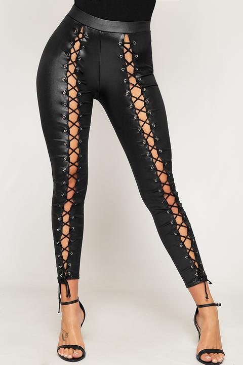 Black Faux Leather Lace Up Side Flared Pants