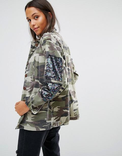 Chaqueta Con Estampado De Camuflaje Y Parches De Lentejuelas De Glamorous