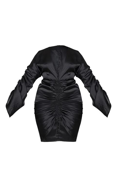 Plus Black Satin Plunge Ruched Front Dress