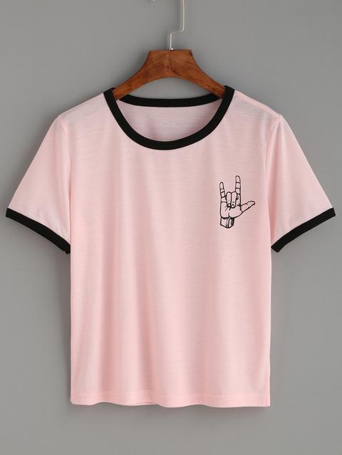 T-shirt Rifilato Stampato Gesto D'amore - Rosa Contrasto