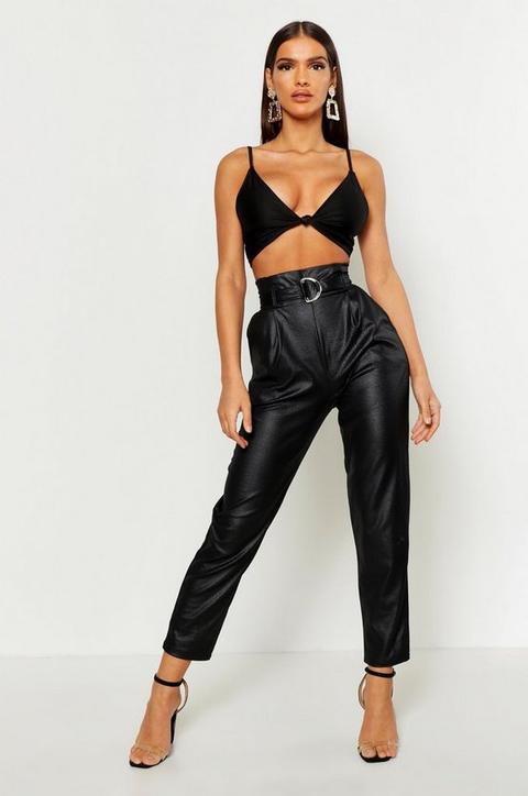 Womens Leather Look Belted High Waist Trousers - Black - 14, Black