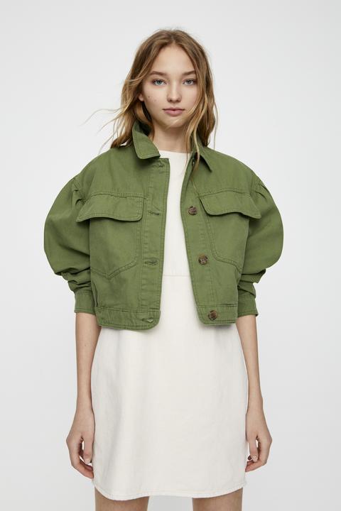 Cazadora Cropped Bolsillos Caqui