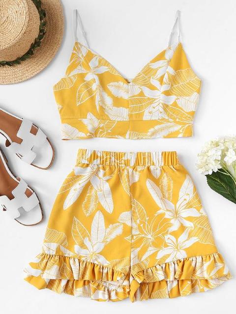 Top Con Stampa Cami Tropicale E Shorts Con Orlo Arricciato