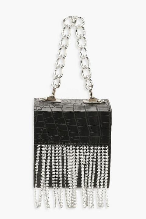 Bolso De Mano Cuadrado Con Flecos Y Pedrería Y Cadena Gruesa, Negro