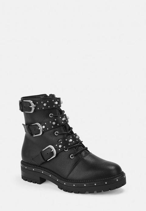 Black Faux Leather Stud Strap Biker Boots, Black