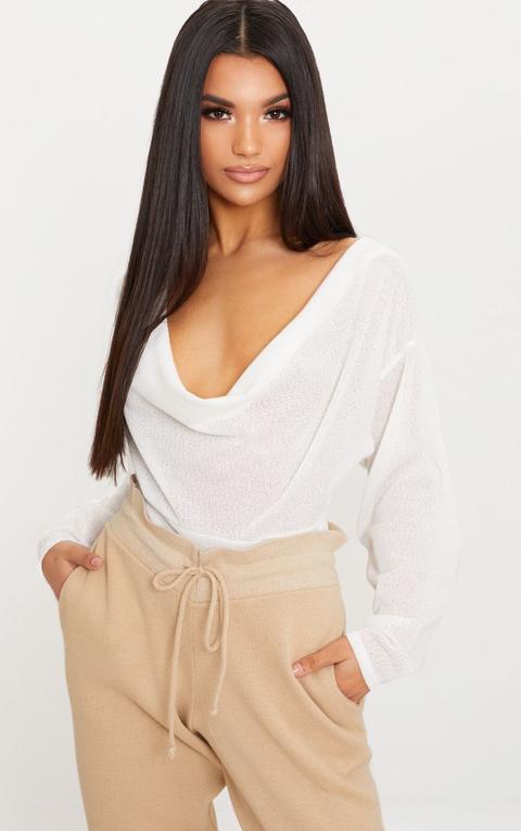 Cream Lightweight Knit Cowl Neck Long Sleeve Thong Bodysuit